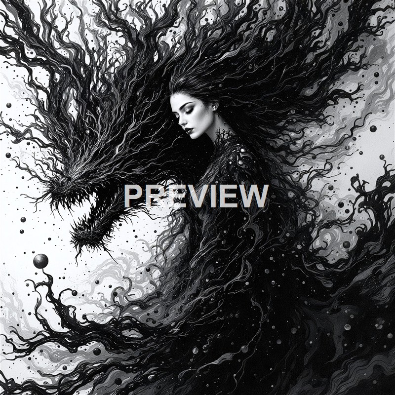 A monochrome digital artwork depicting a woman with long flowing hair merging with a fierce, dragon-like creature made of swirling black ink, creating a surreal and dynamic scene.